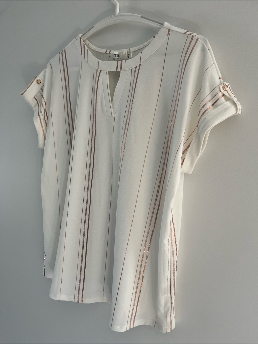 Women's Cream Short-Sleeve Stripe Keyhole Blouse